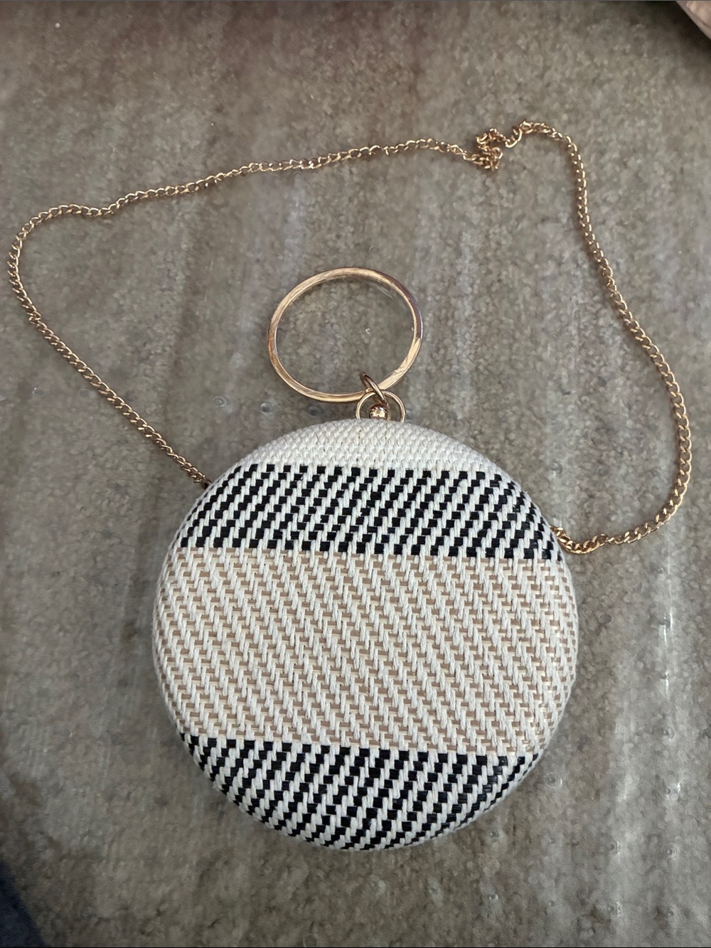 Source Unknown Round Woven Mini Bag in Black & Cream with Gold Chain